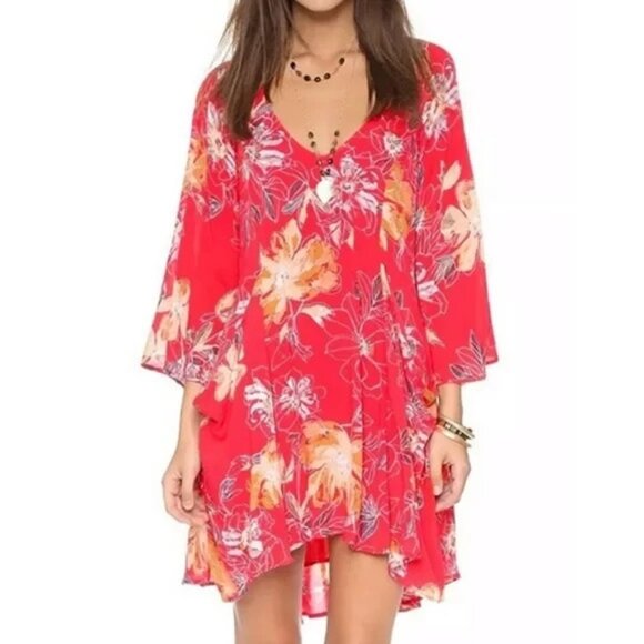 Free People Boho Flared Mini Dress Women Size 4 Red - Picture 15 of 15